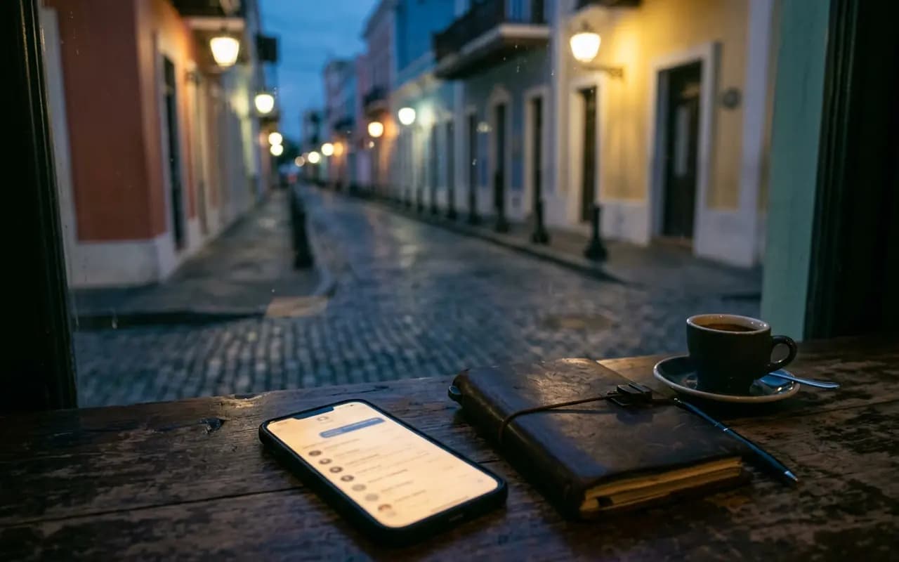 A phone, a notebook and an espresso on a cafe table, Old San Juan street beyond the window